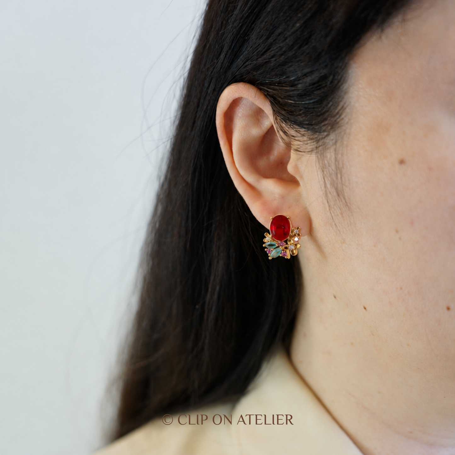 Red Crystal Bloom Clip-On Earrings