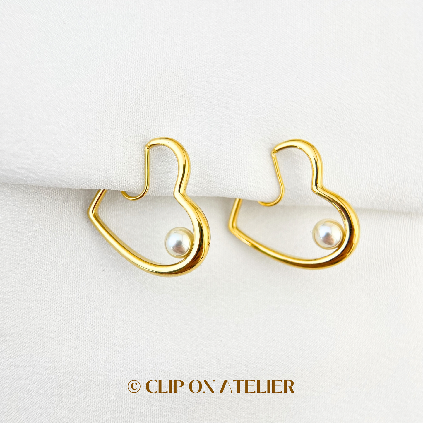 Modern Heart Hoop Crystal Pearl Clip On Earrings