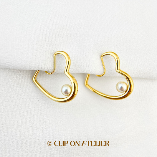 Modern Heart Hoop Crystal Pearl Clip On Earrings