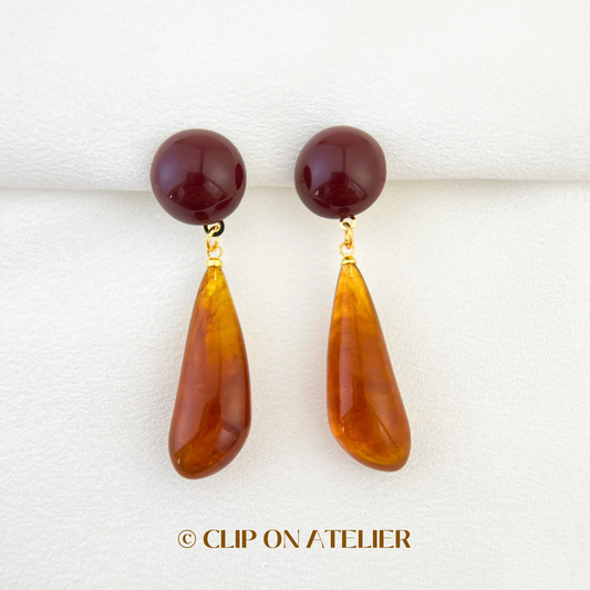 Artistic Retro Burgundy Resin Statement Clip On Earrings