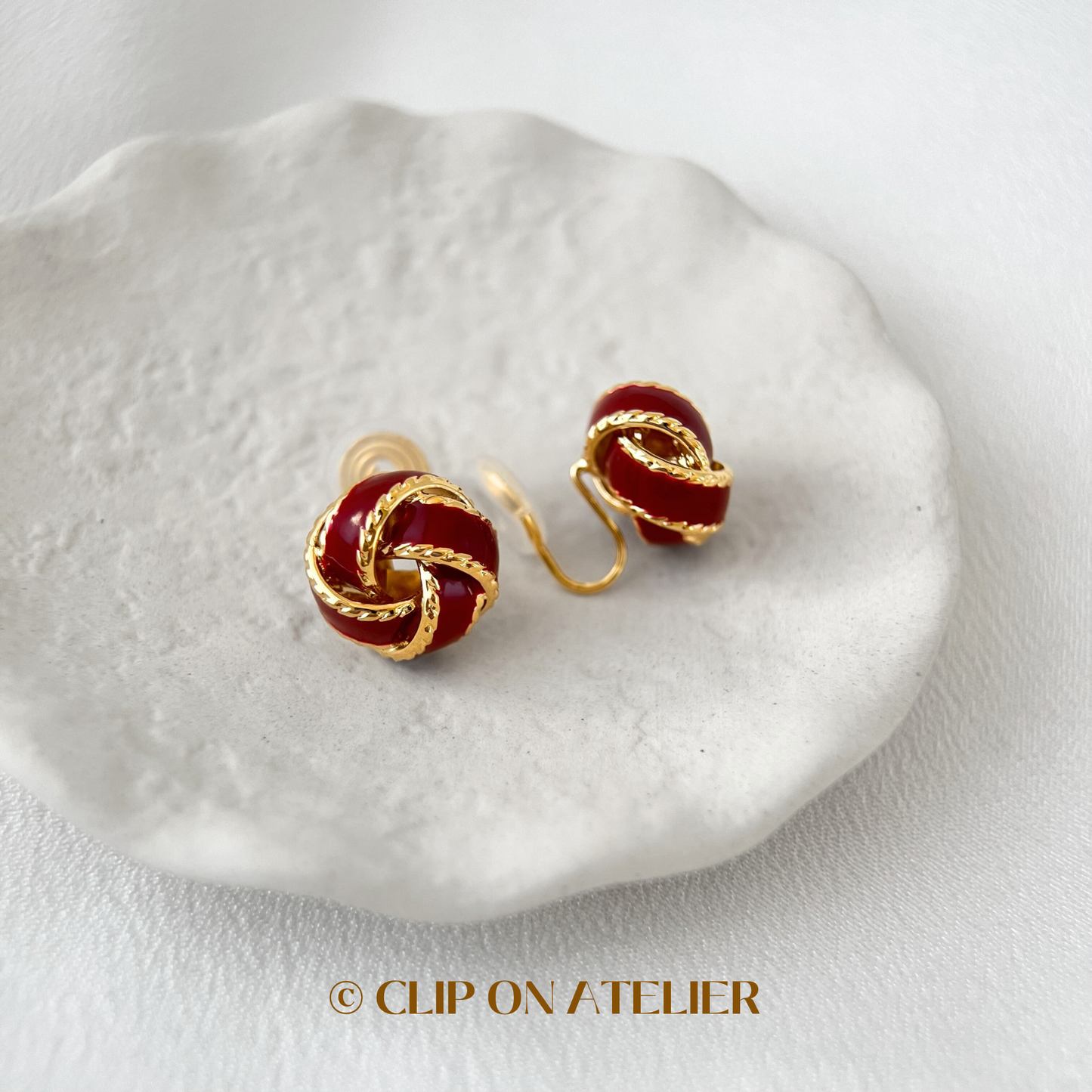 Burgundy Enamel Twisted Knot Gold Clip On Earrings