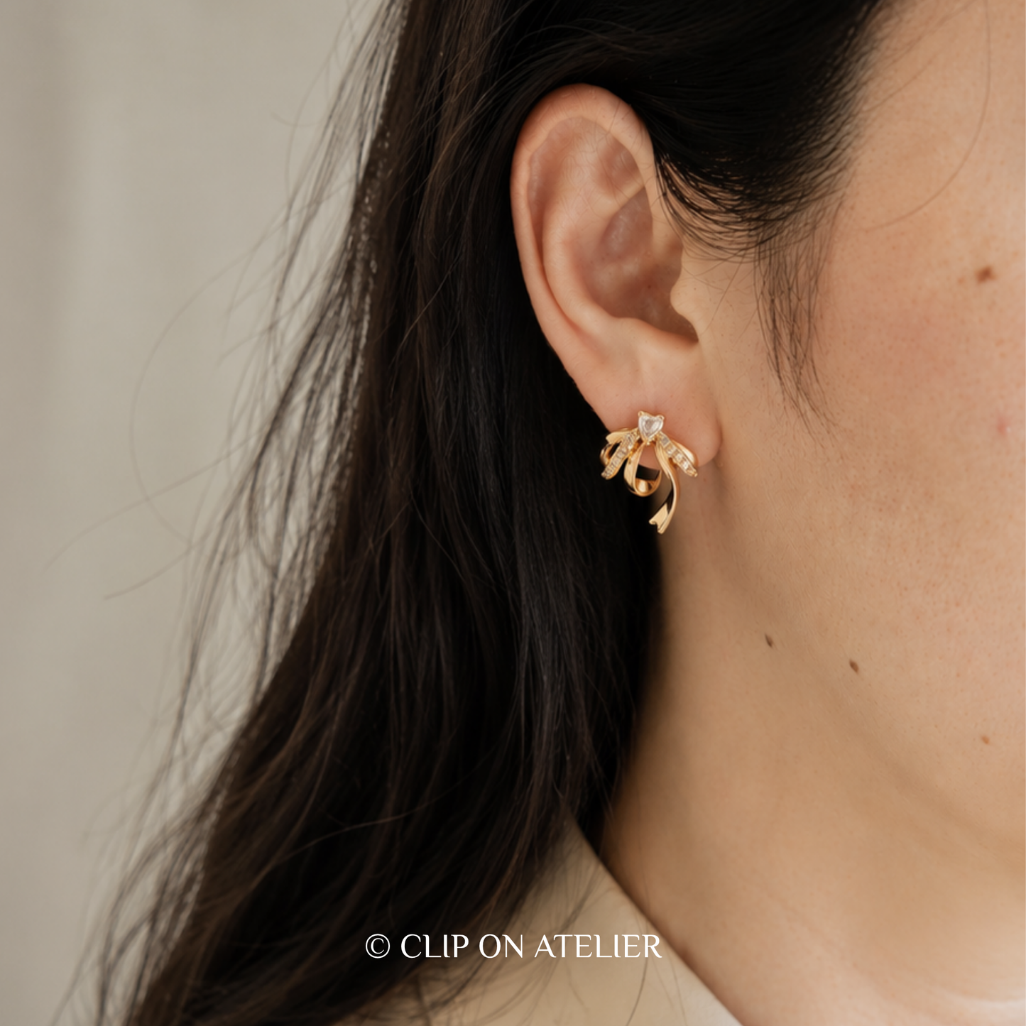 Crystal Heart Bow Clip-On Earrings