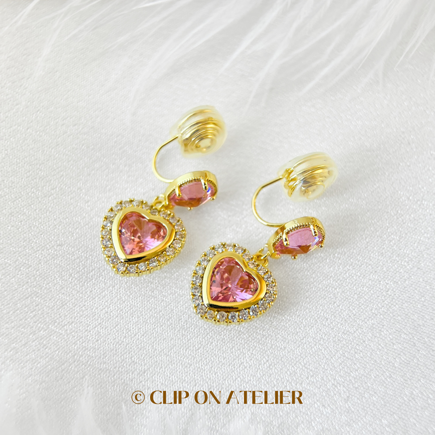 Luxe Large Pink Diamond Heart Dangle Clip On Earrings