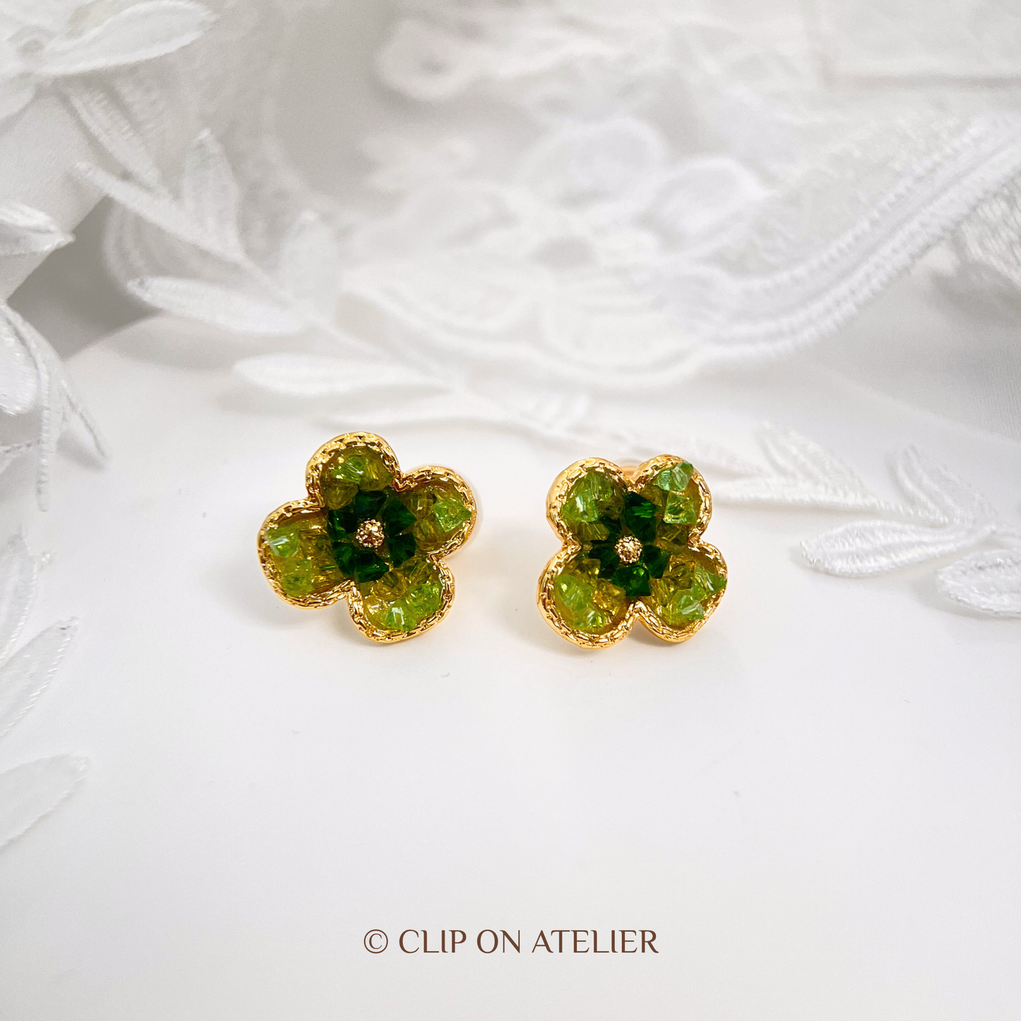 Olive Clover Crystal Clip-On Earrings