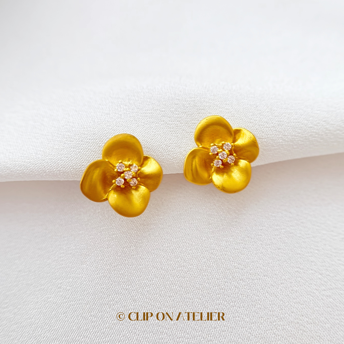 French Chic Matte Gold Flower Clip on Earrings