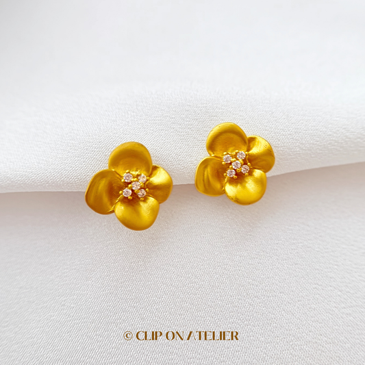 French Chic Matte Gold Flower Clip on Earrings