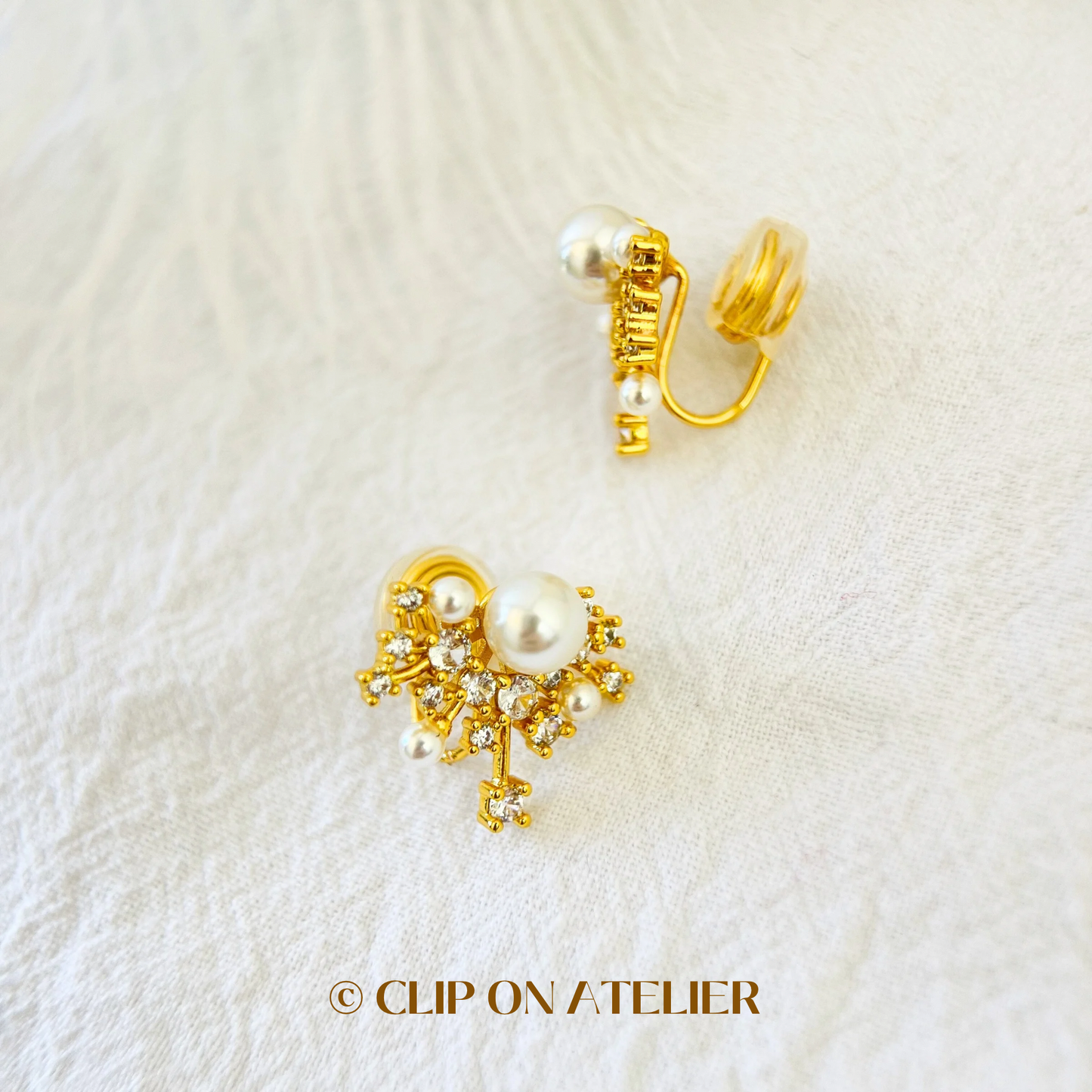 Luxe Minimalist Crystal Pearl CZ Diamonds Gold Clip On Earrings