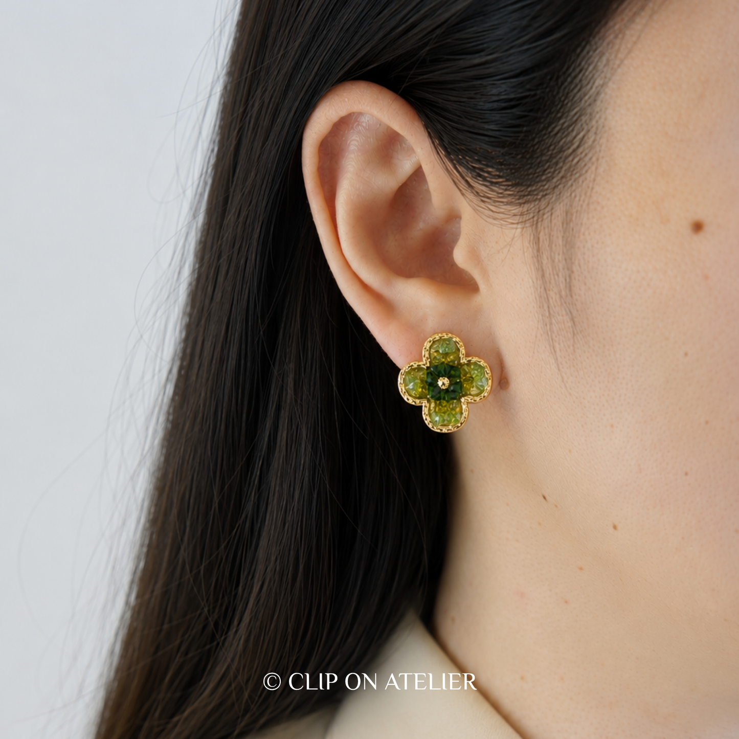 Olive Clover Crystal Clip-On Earrings