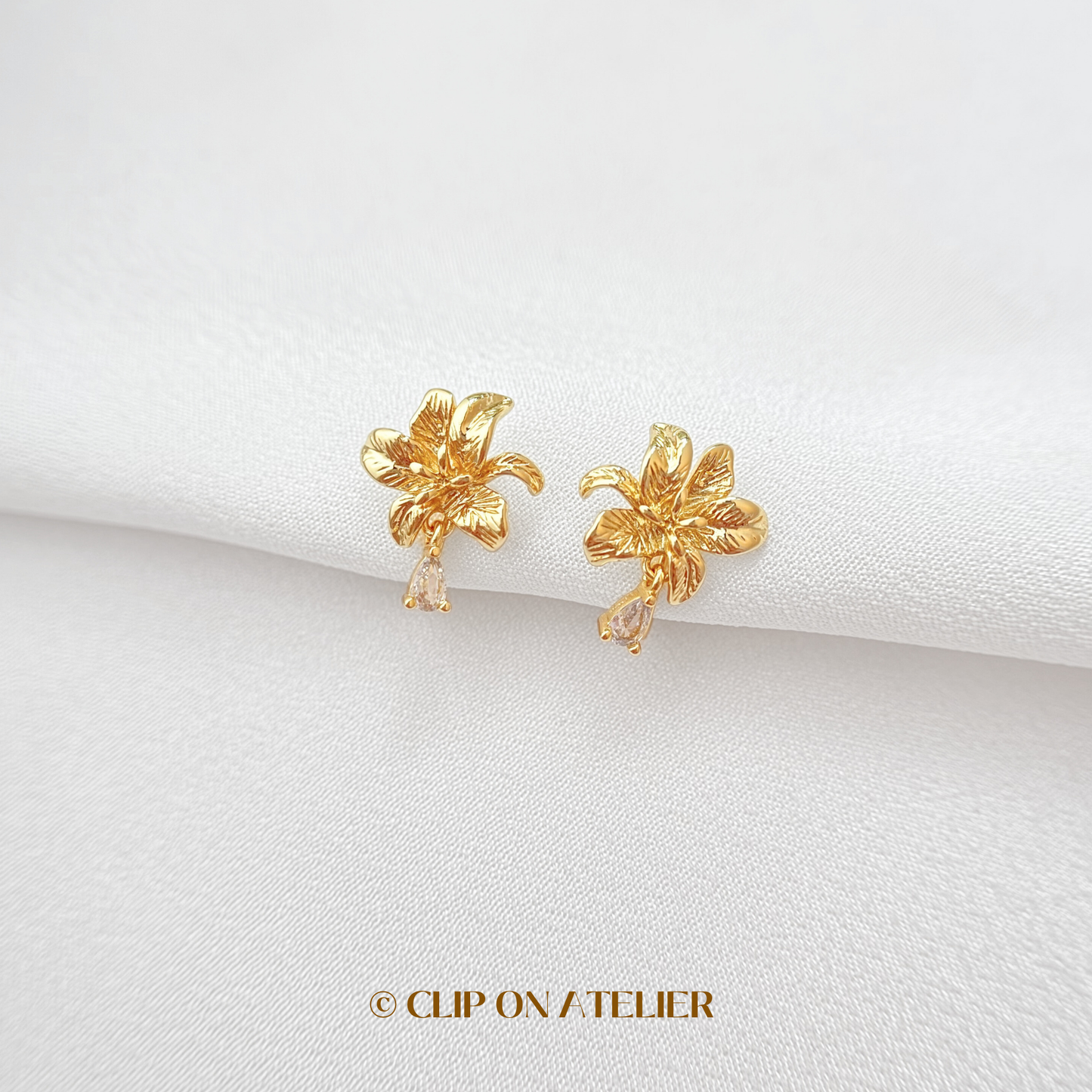 Dainty Gold Flower CZ Diamond Clip On Earrings