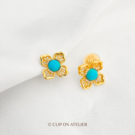 Delicate Gold Clover Turquoise Clip On Earrings