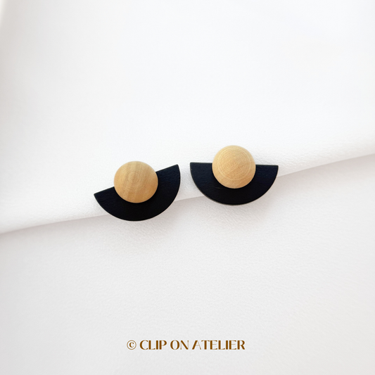 Japanese Style Wood Geometric Clip on Earrings