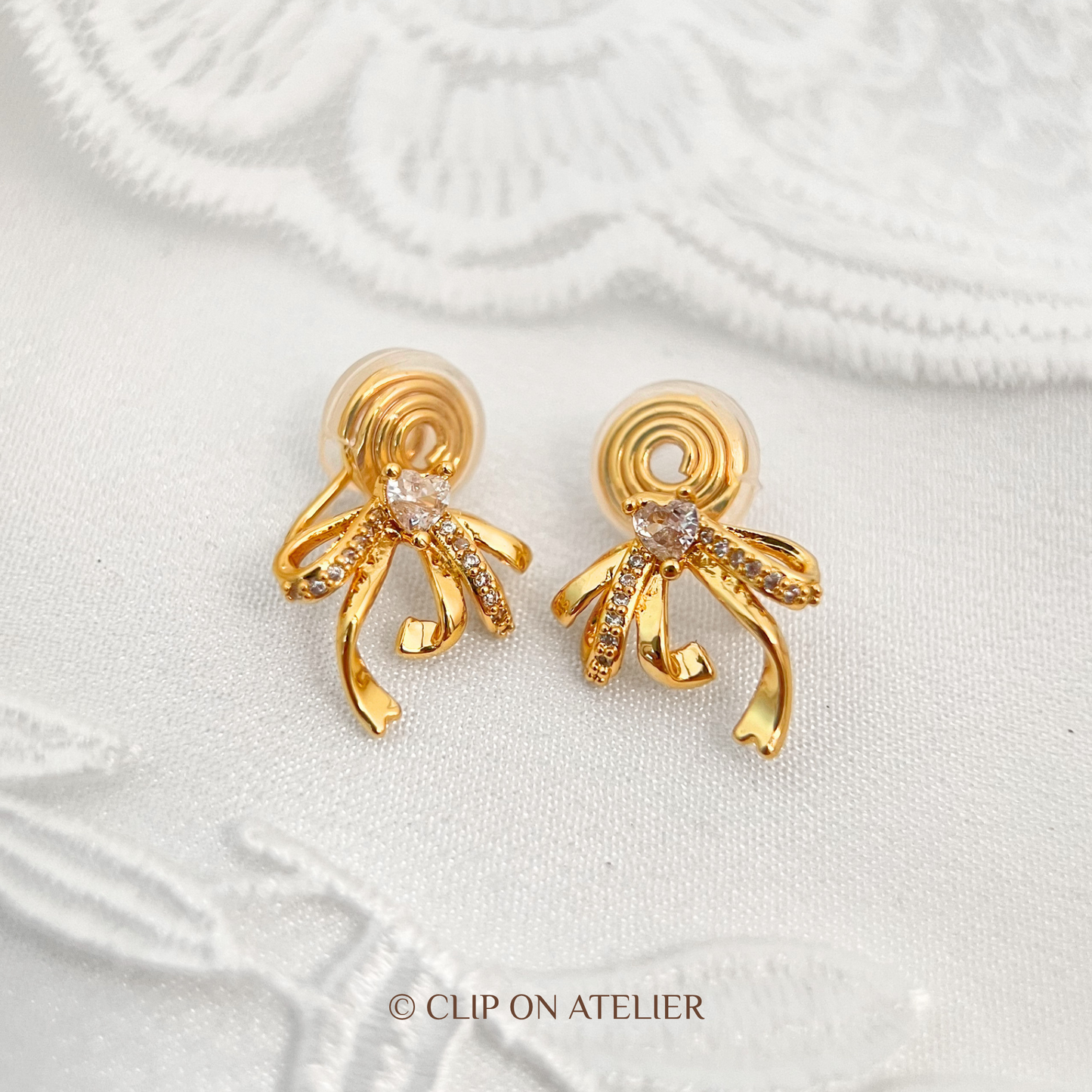 Crystal Heart Bow Clip-On Earrings