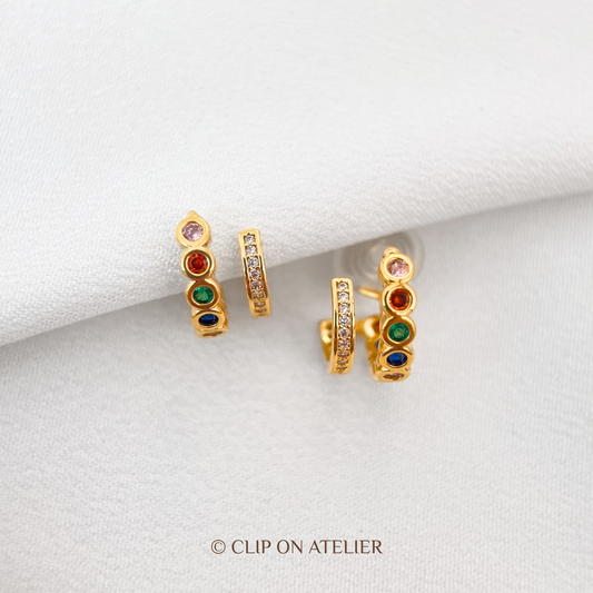 Dual Hoop Colorful CZ Diamond Clip-On Earrings