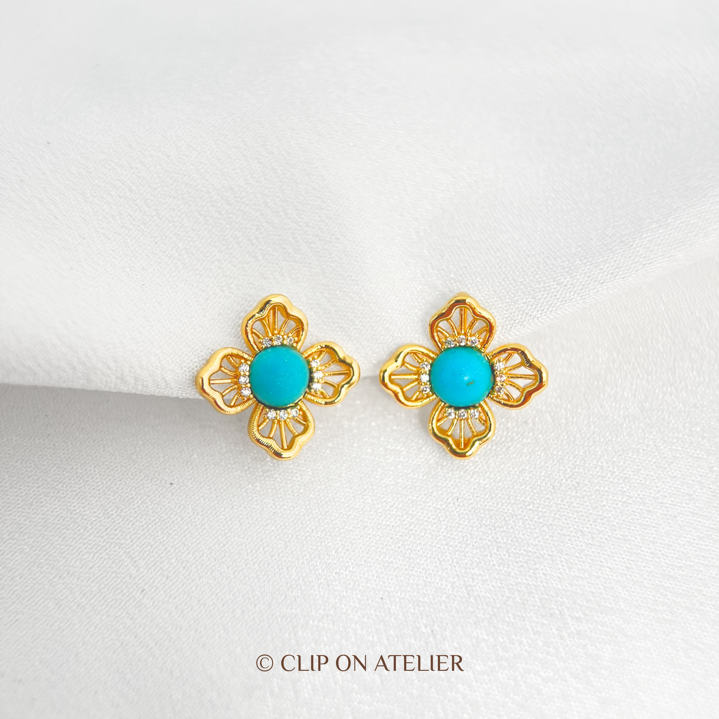 Delicate Gold Clover Turquoise Clip On Earrings