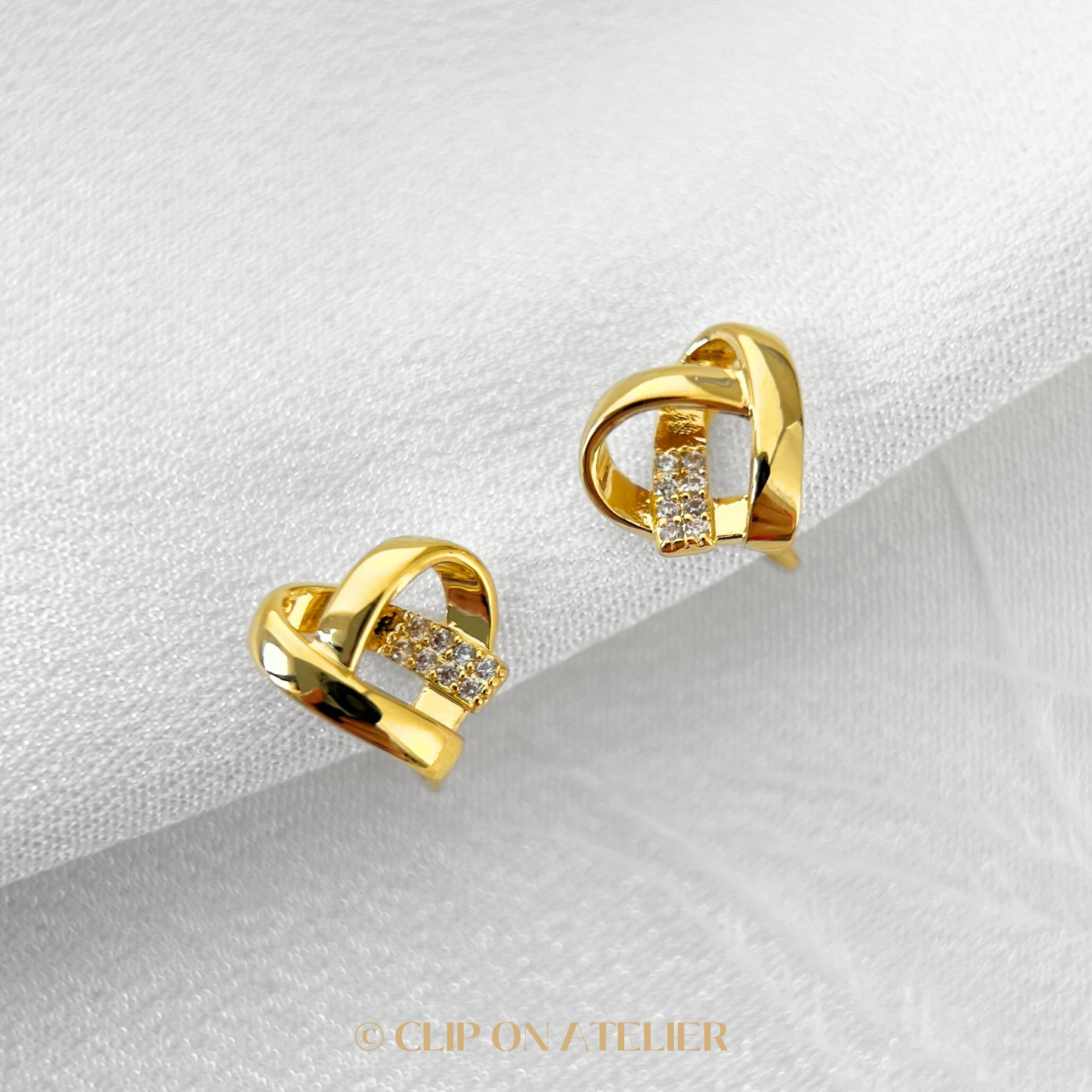 Heart Love & CZ Diamond Clip on Earrings; Gold or Silver