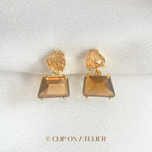 Dainty Amber Brown Crystal Drop Clip On Earrings