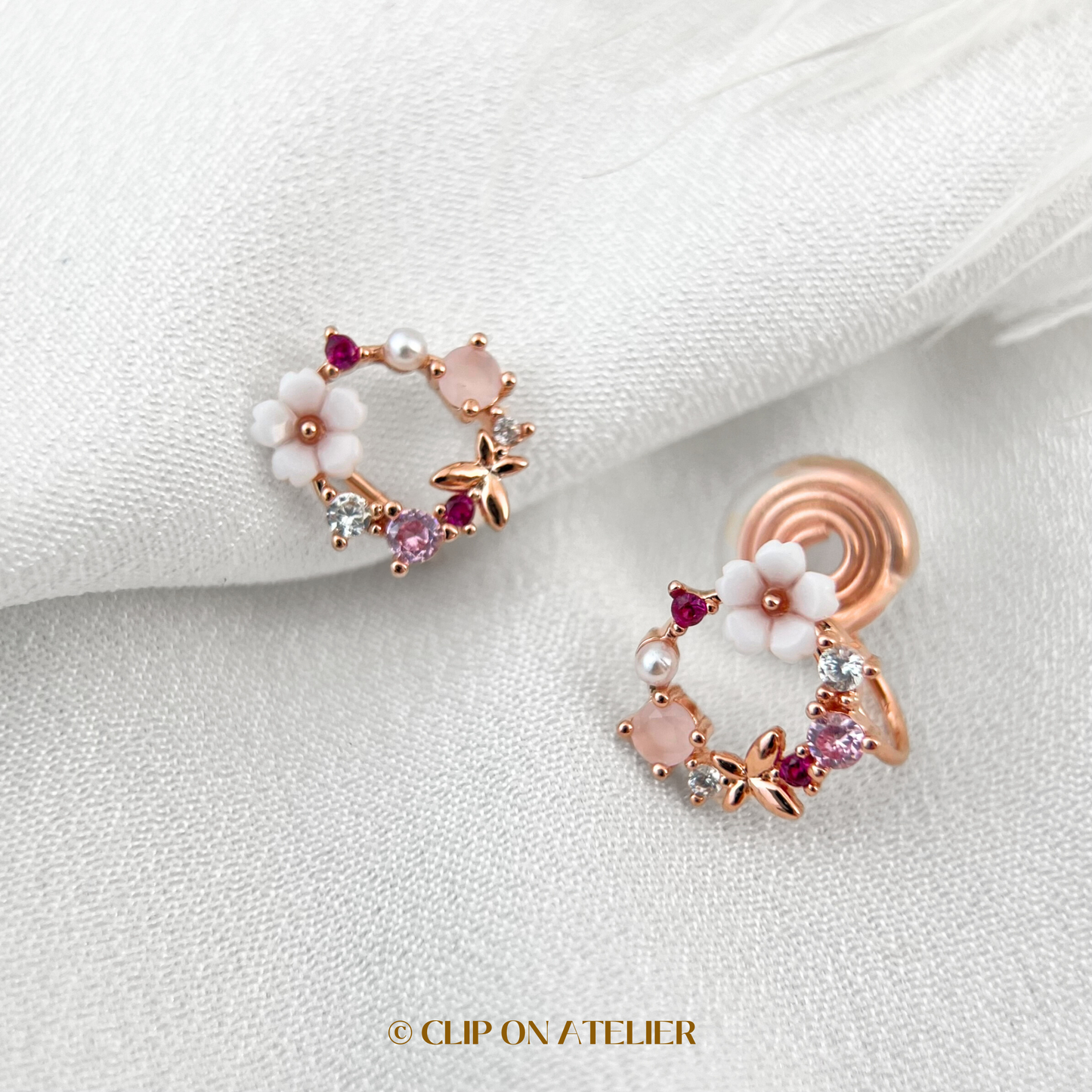 Pink Cherry Blossom Rose Gold Clip On Earrings