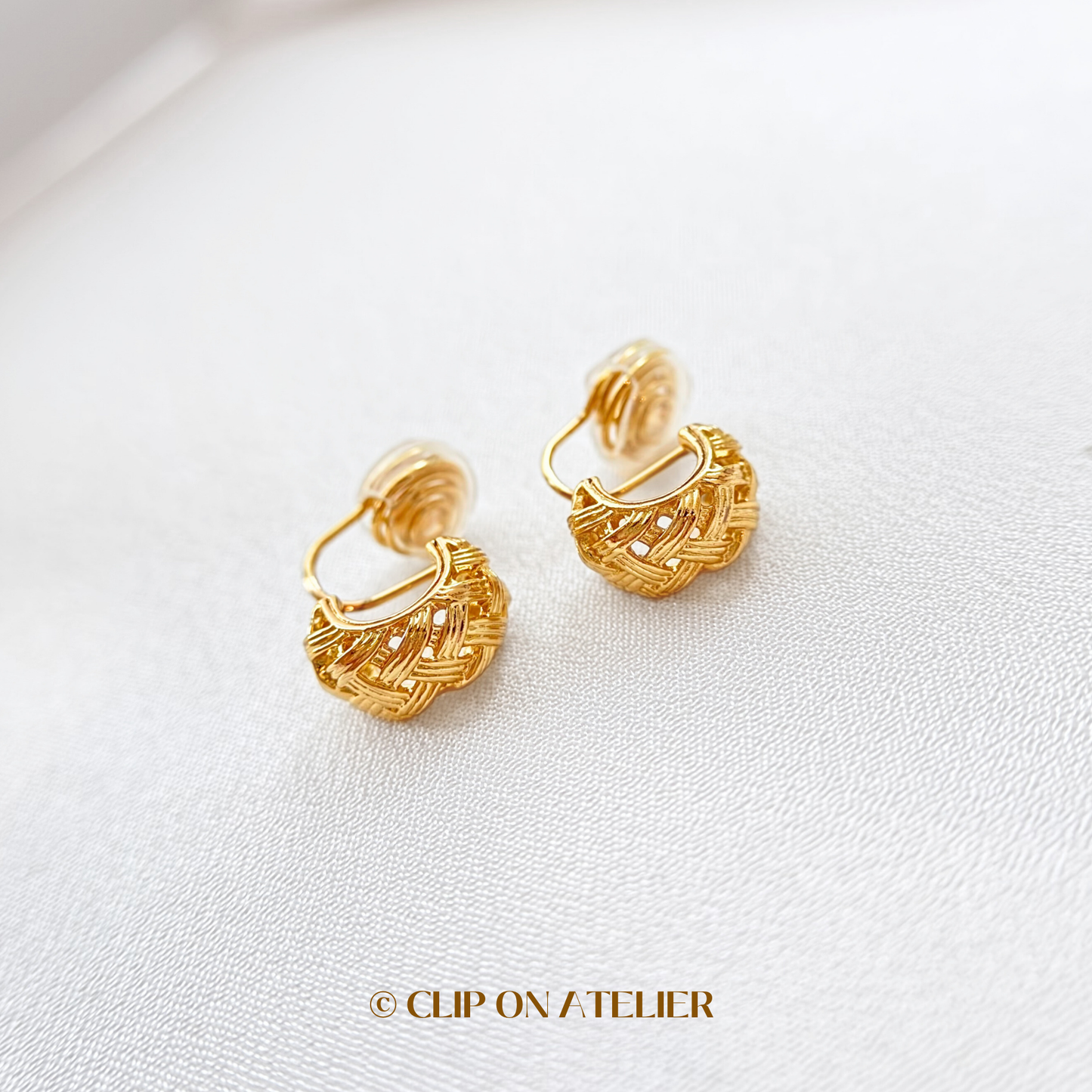 Woven Gold C-Shaped Hoop Clip On Earrings
