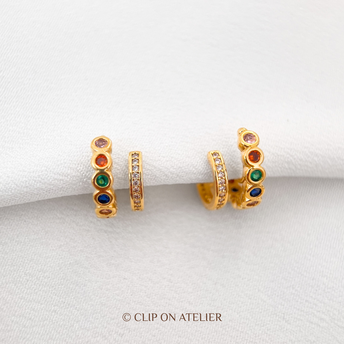 Dual Hoop Colorful CZ Diamond Clip-On Earrings