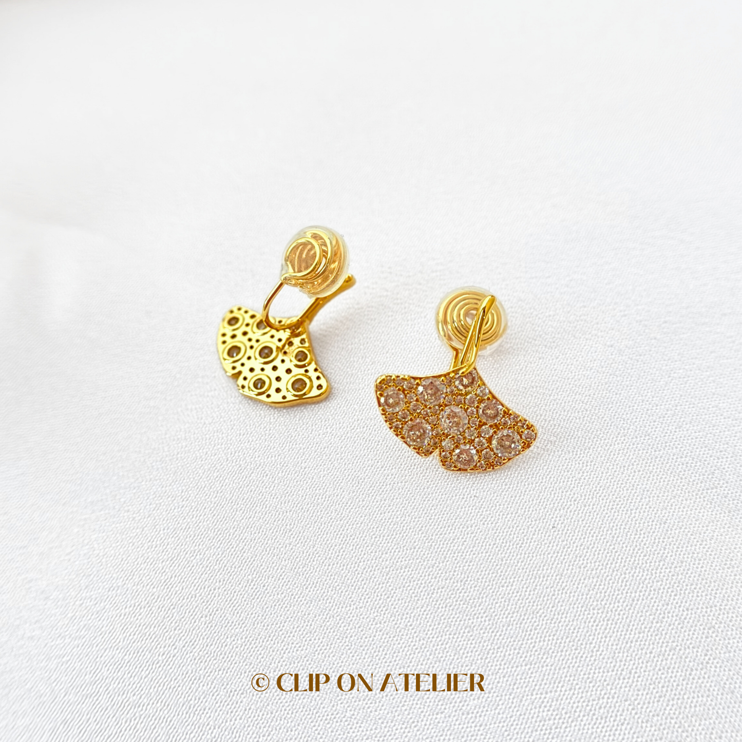 Luxe CZ Diamond Ginkgo Leaf Clip On Earrings