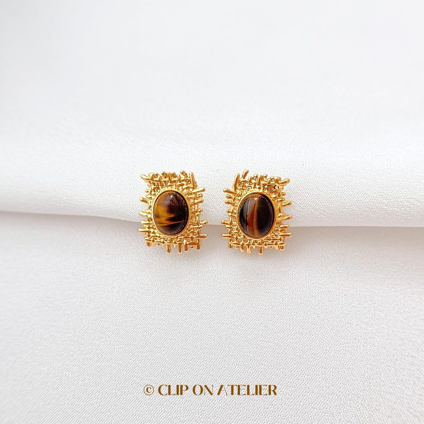 Statement Tiger’s Eye Modern Clip On Earrings