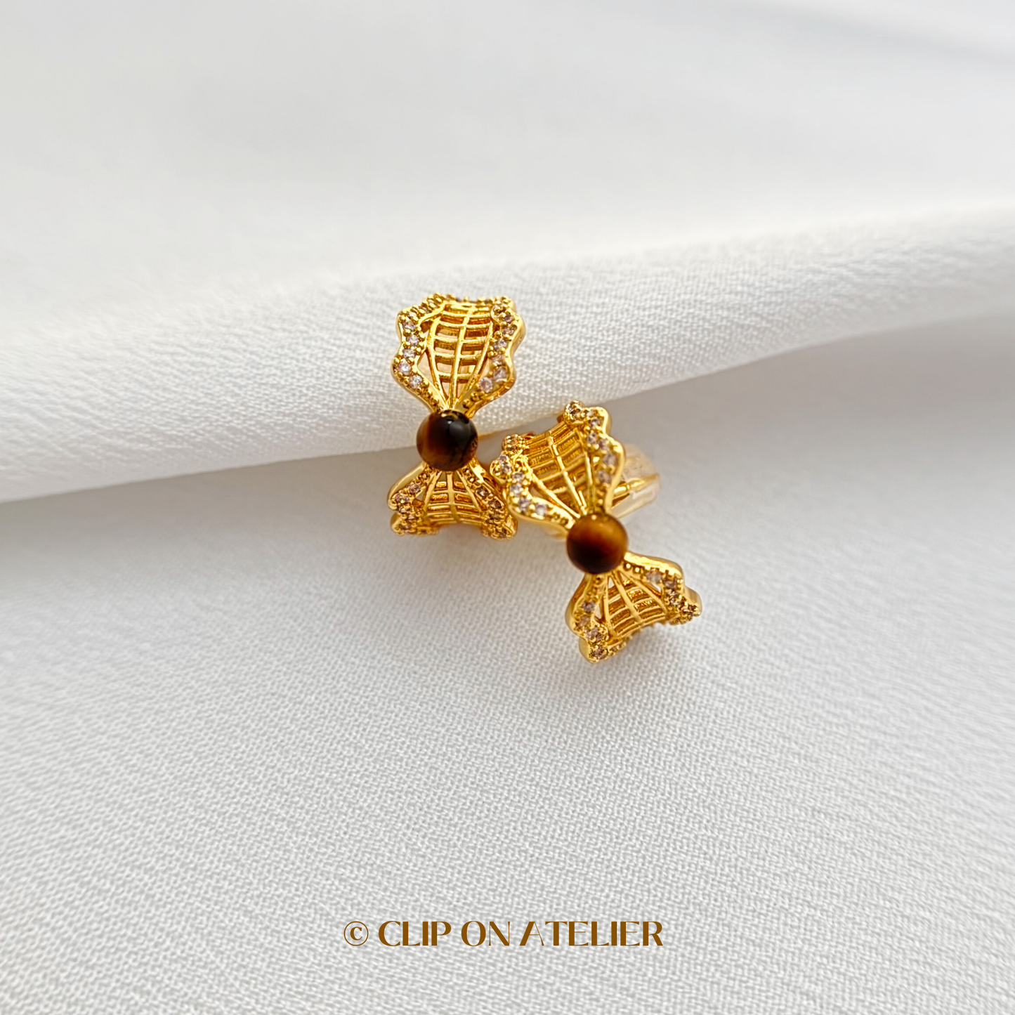 Tigers Eye Lace CZ Diamond Hoop Clip On Earrings