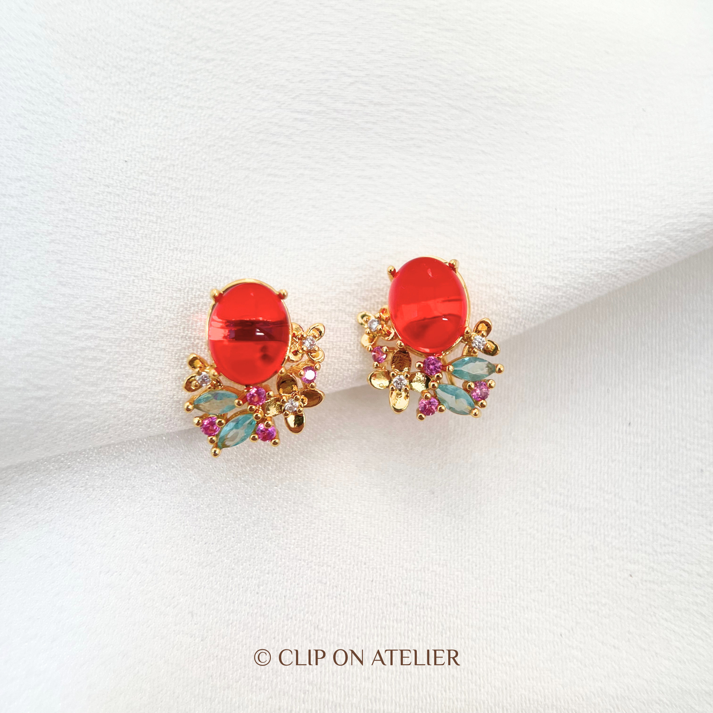 Red Crystal Bloom Clip-On Earrings