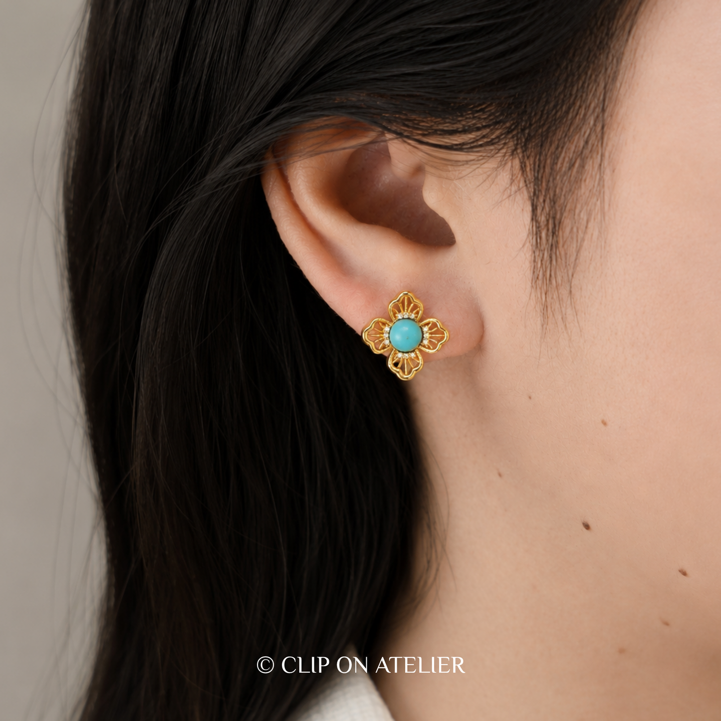 Delicate Gold Clover Turquoise Clip On Earrings