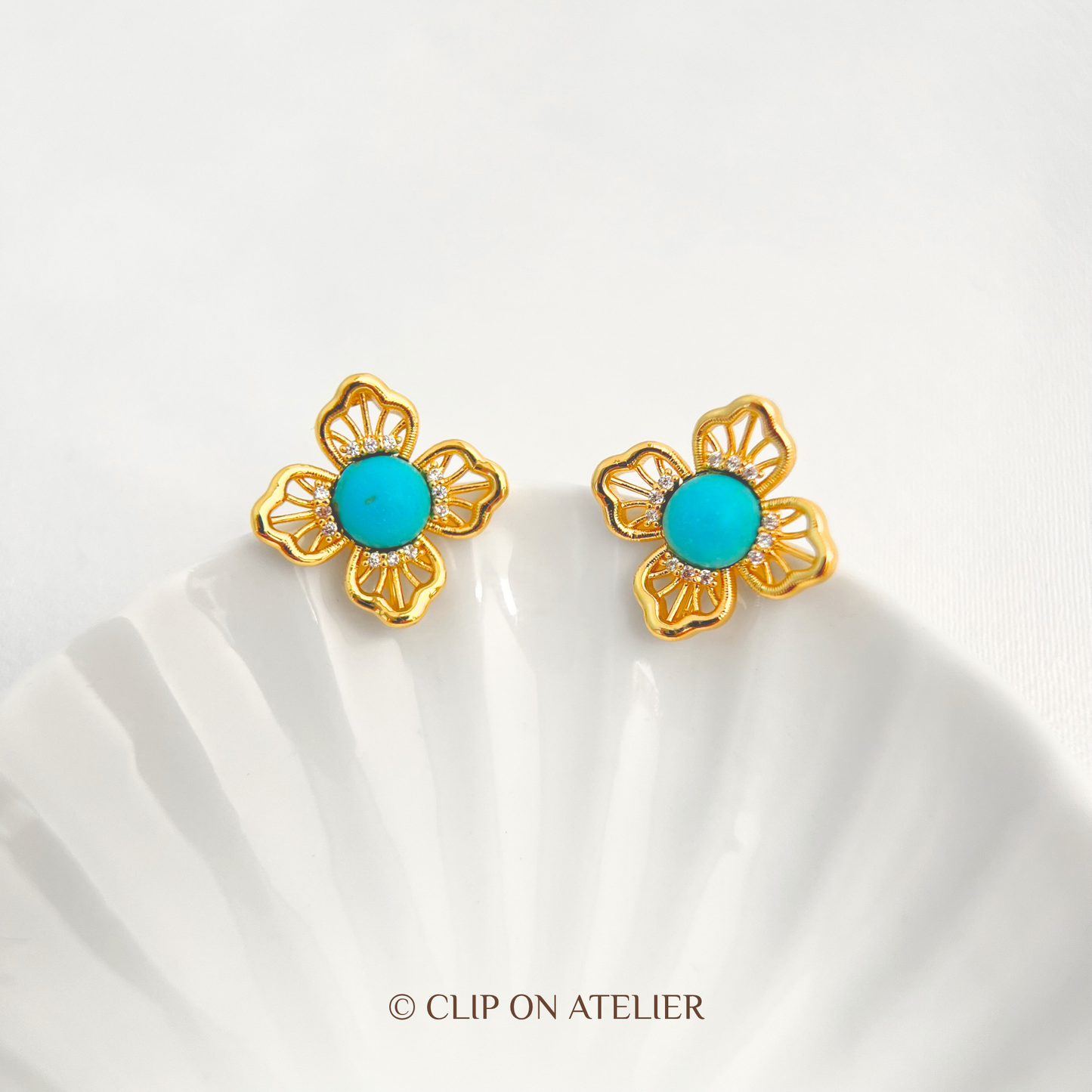 Delicate Gold Clover Turquoise Clip On Earrings