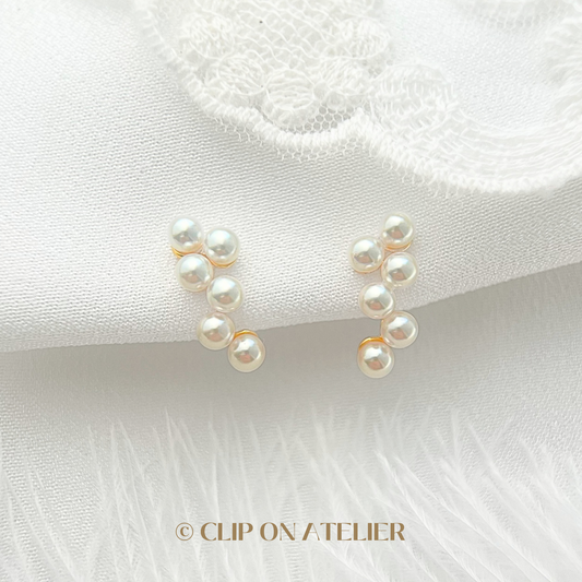 Dainty Minimalist Crystal Multiple Pearls Gold Clip On Earrings