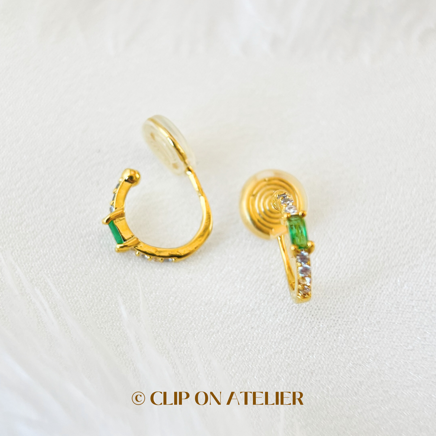 Dainty Gold Hoop Emerald Clip On Earrings