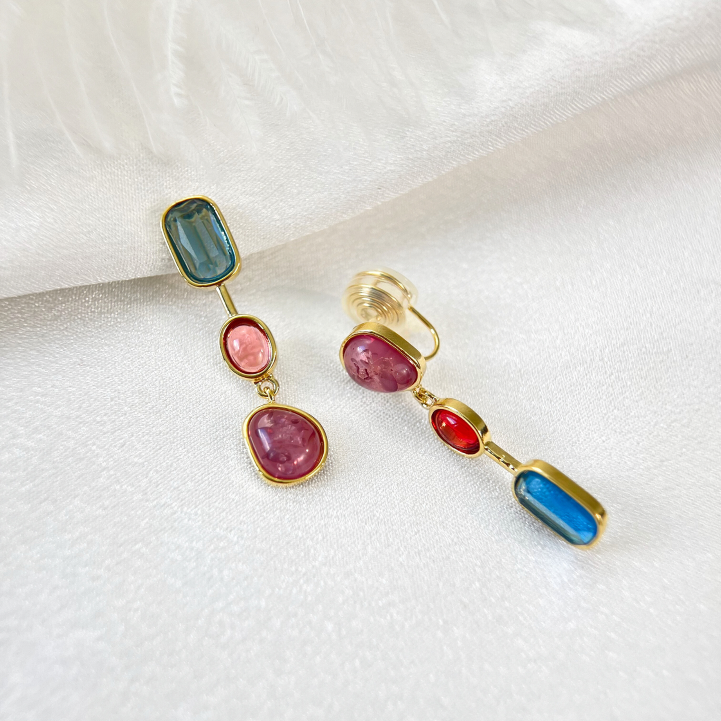 Mismatched Color Gemstone Clip On Earrings