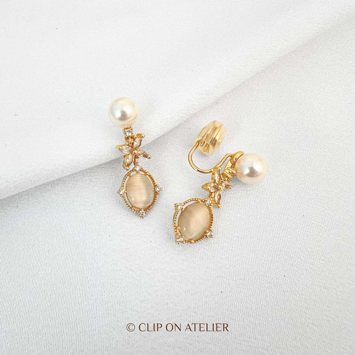 Art Deco Pearl Diamond Flower Drop Clip On Earrings