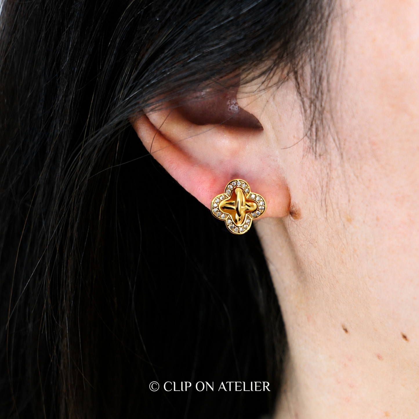 Dainty Gold Diamond Clover Clip On Earrings