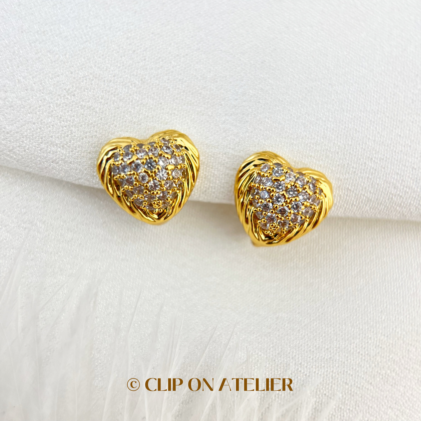 Gold Diamond Pavé Heart Clip On Earrings