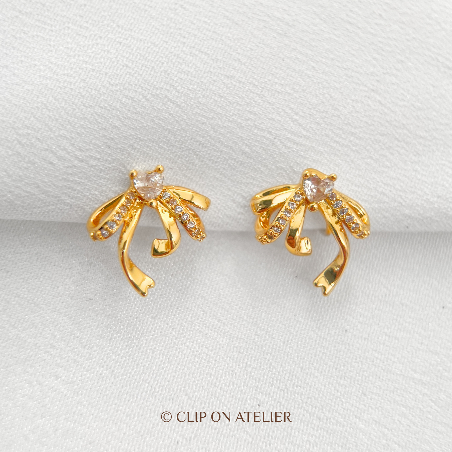 Crystal Heart Bow Clip-On Earrings