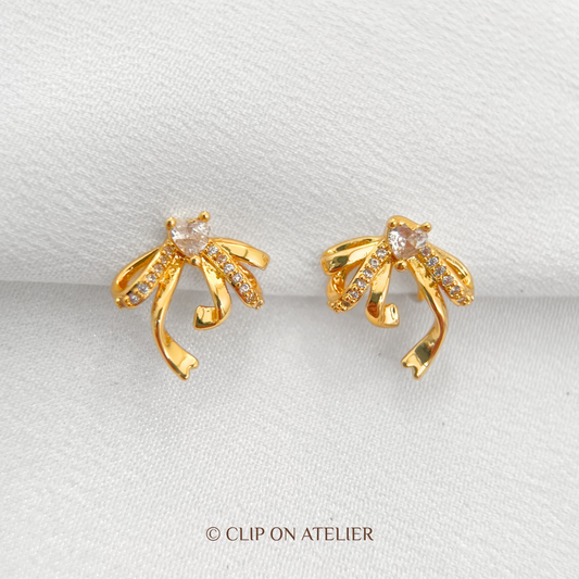 Crystal Heart Bow Clip-On Earrings