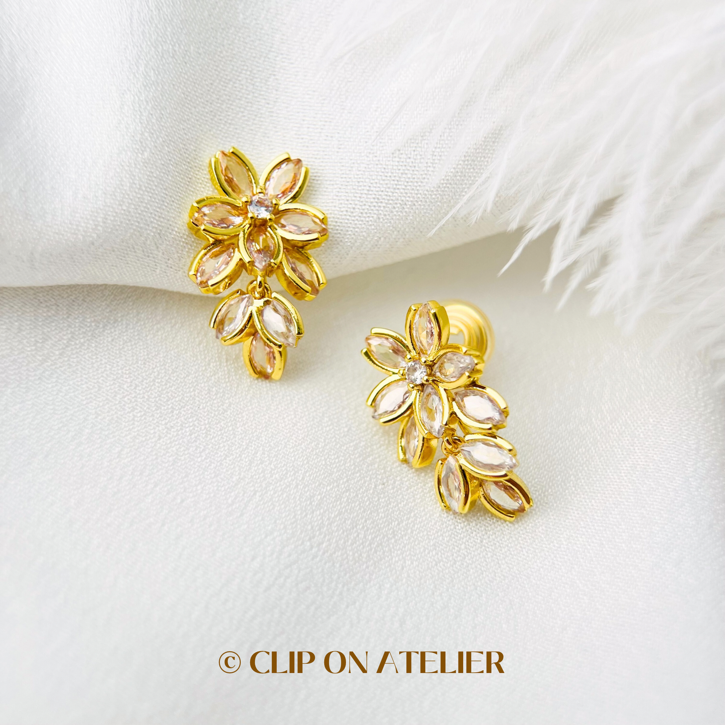 Luxe Diamond Flower Dangle Clip On Earrings