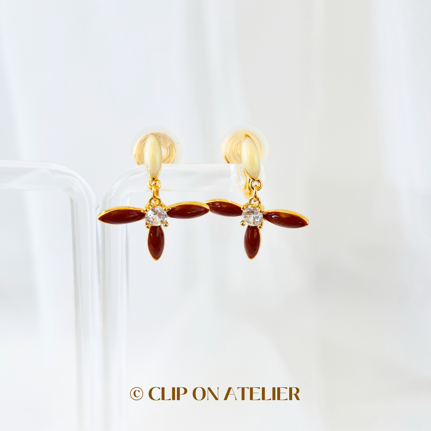 Brown Clover Flower Enamel Lucky Hoop Drop Clip On Earrings