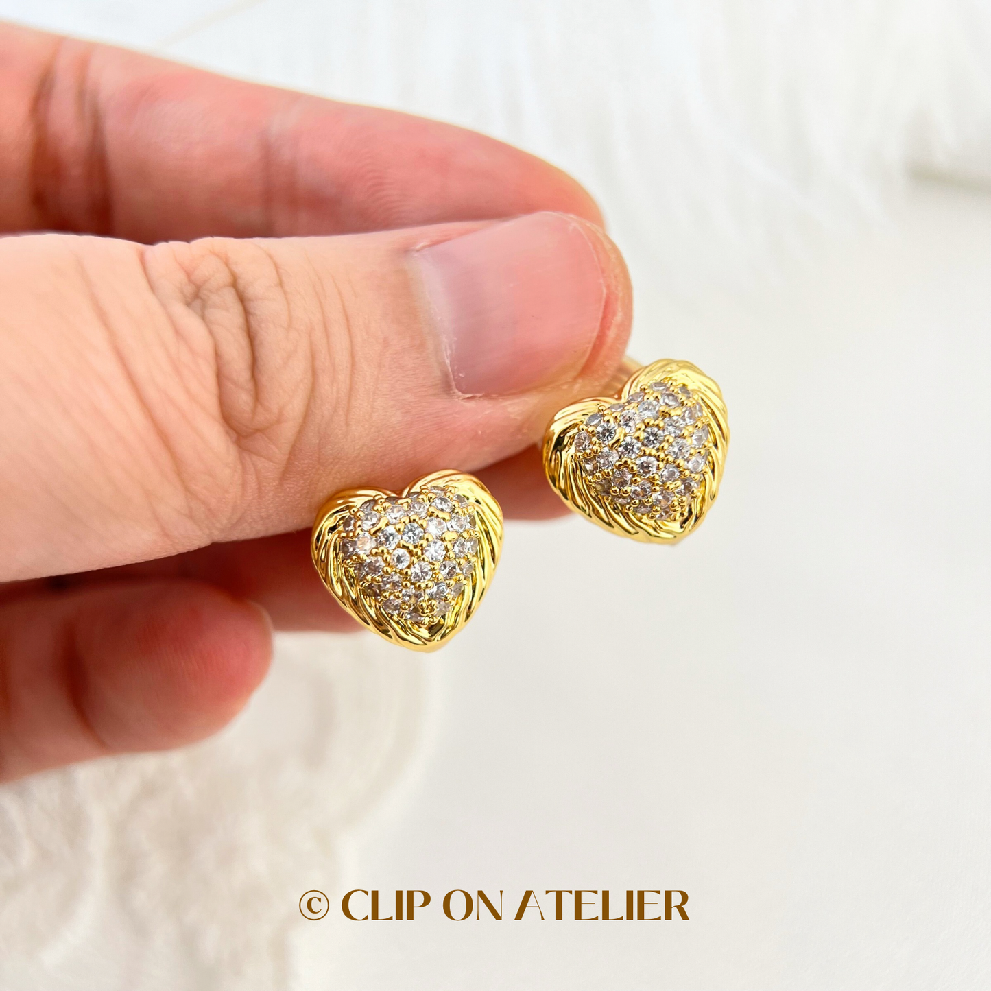 Gold Diamond Pavé Heart Clip On Earrings