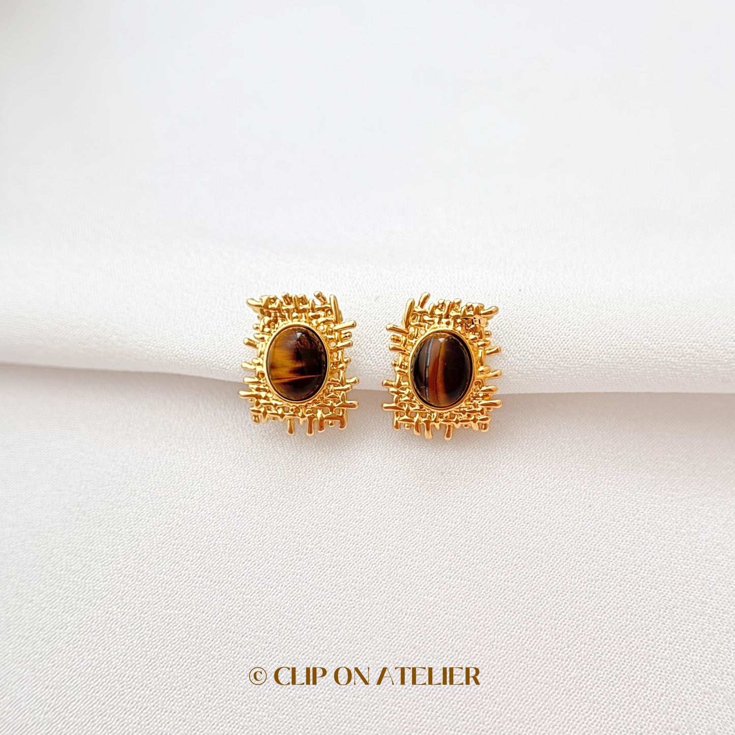 Statement Tiger’s Eye Modern Clip On Earrings