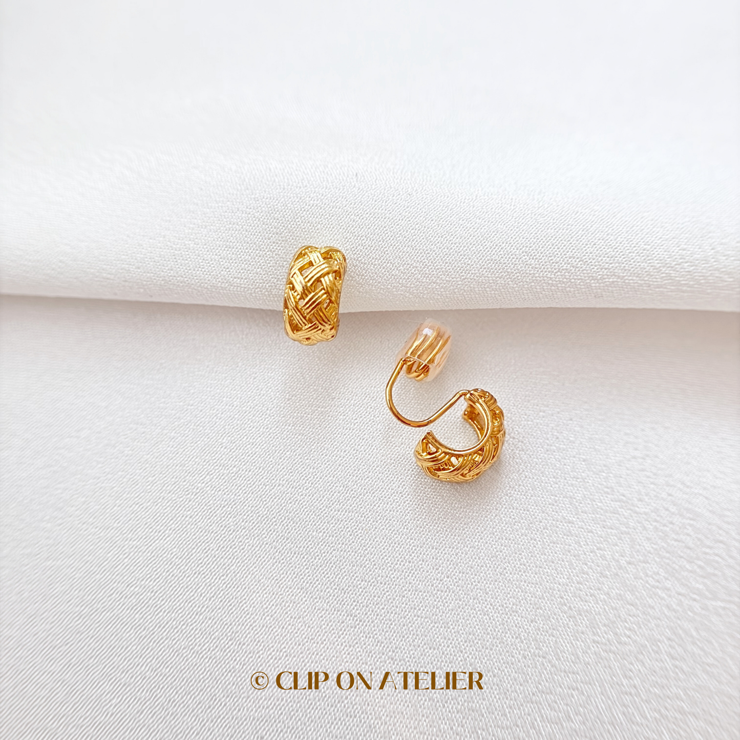 Woven Gold C-Shaped Hoop Clip On Earrings