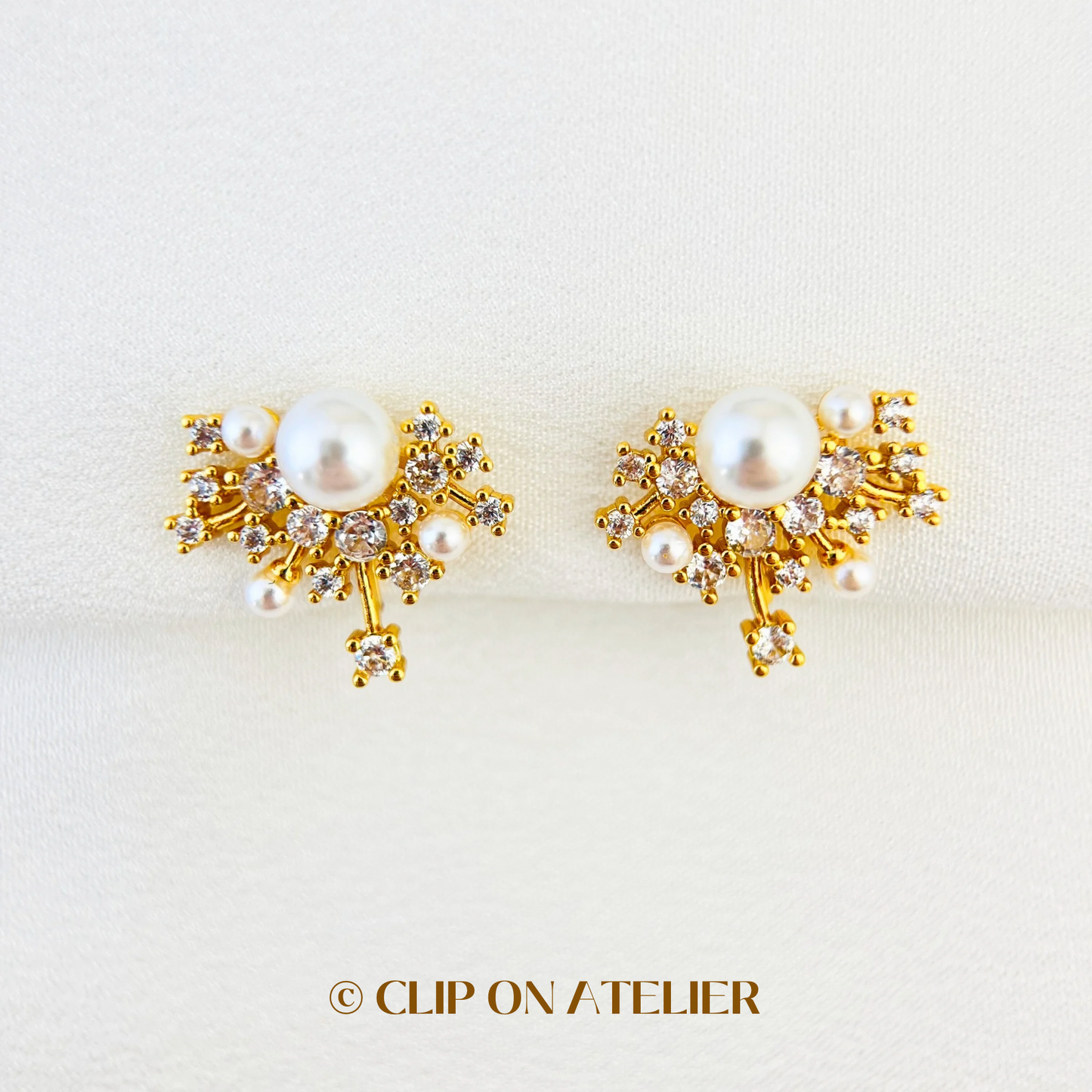 Luxe Minimalist Crystal Pearl CZ Diamonds Gold Clip On Earrings