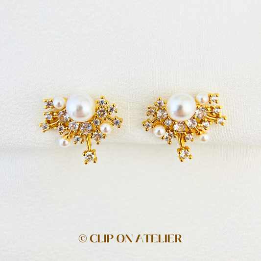 Luxe Minimalist Crystal Pearl CZ Diamonds Gold Clip On Earrings