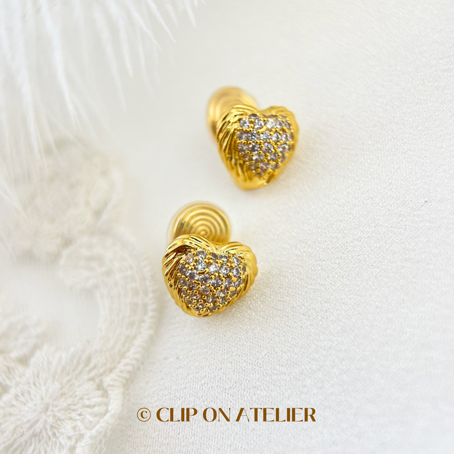 Gold Diamond Pavé Heart Clip On Earrings
