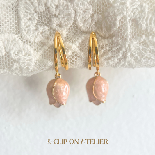 Dainty Pink Tulip Huggies Drop Flower Clip On Earrings