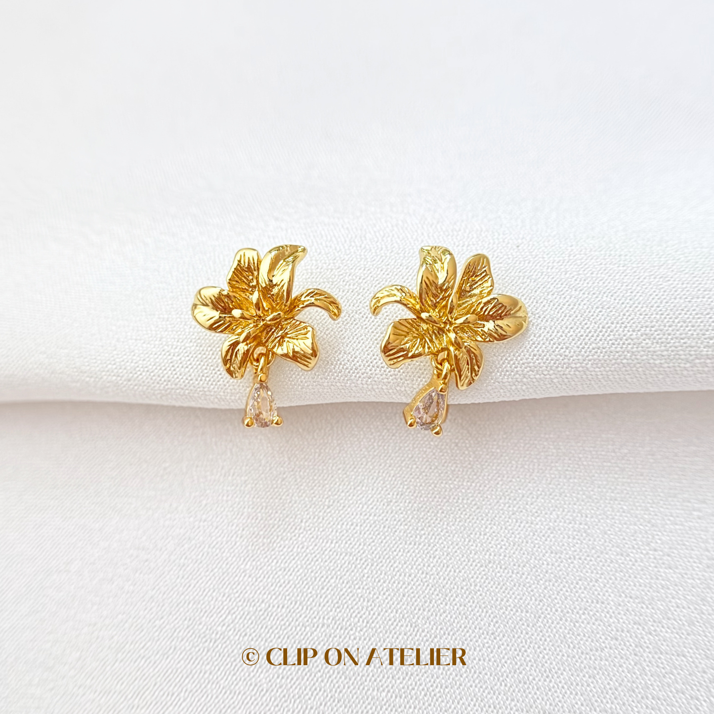 Dainty Gold Flower CZ Diamond Clip On Earrings