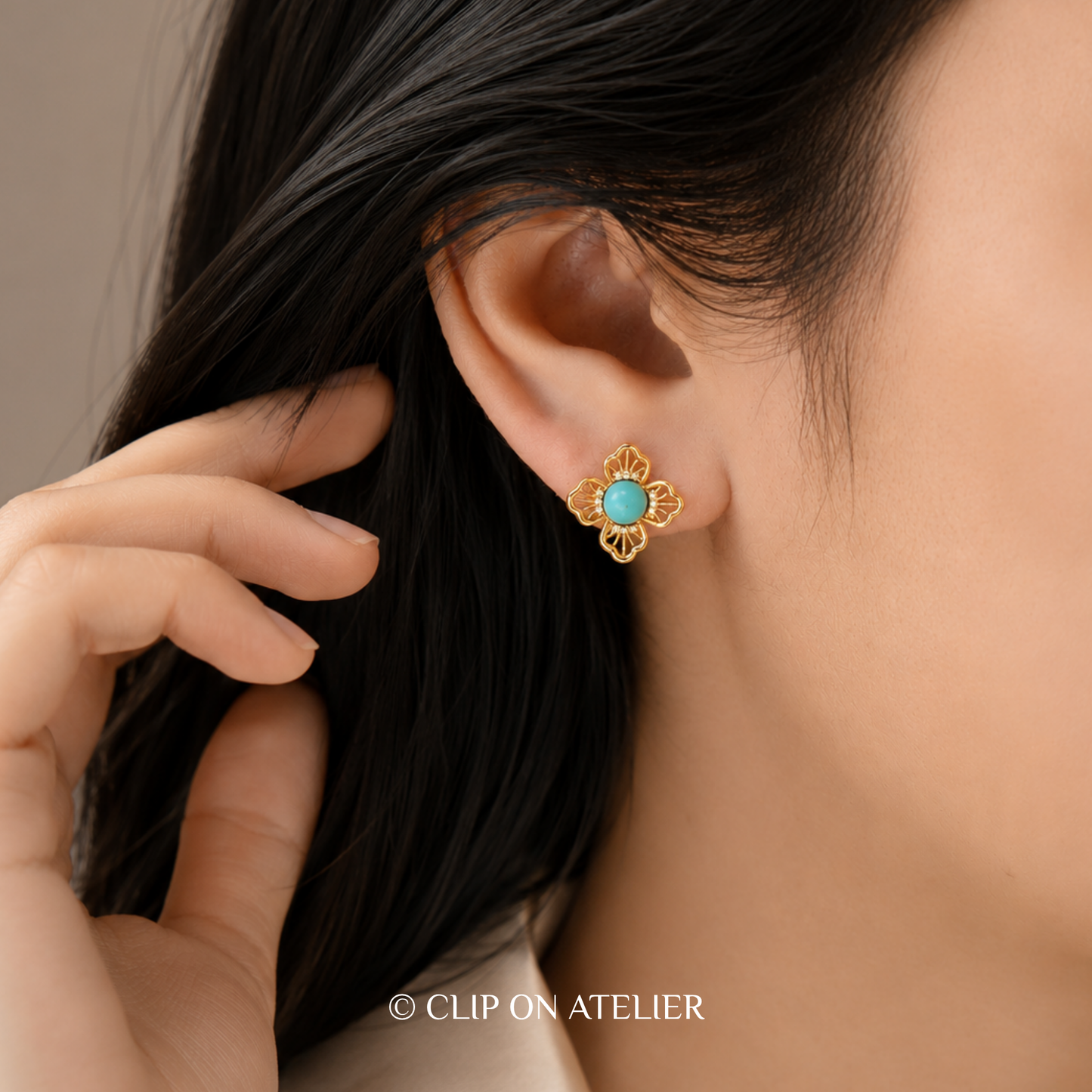 Delicate Gold Clover Turquoise Clip On Earrings