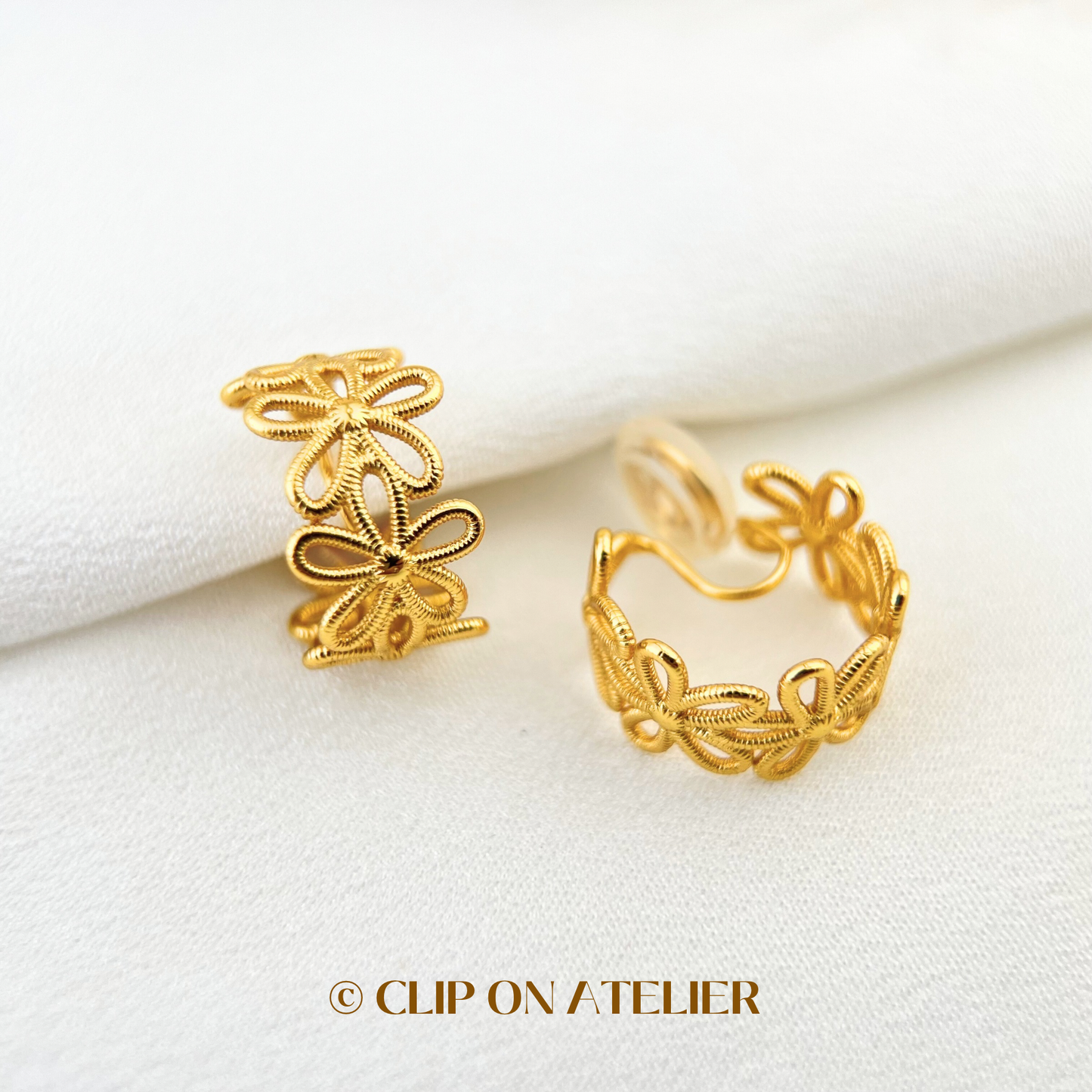 Unique Flower Gold Hoop Clip On Earrings