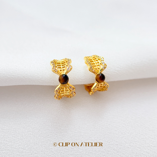 Tigers Eye Lace CZ Diamond Hoop Clip On Earrings